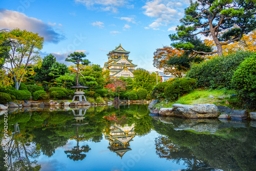 Osaka Castle, Landscape view of osaka castle museum at sunset sky in Autumn, Osaka, Japan.