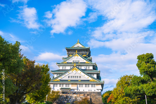 Osaka Castle, Landscape view of osaka castle museum at sunset sky in Autumn, Osaka, Japan.