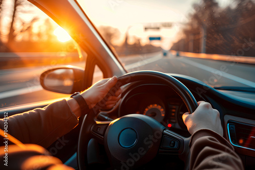 The hands of a car driver firmly gripping the steering wheel during a road trip, navigating through a highway landscape.