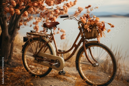 Vintage bicycle with a basket full of flowers by the lake © duyina1990