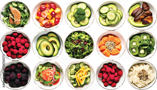 Healthy food selection in porcelain bowls