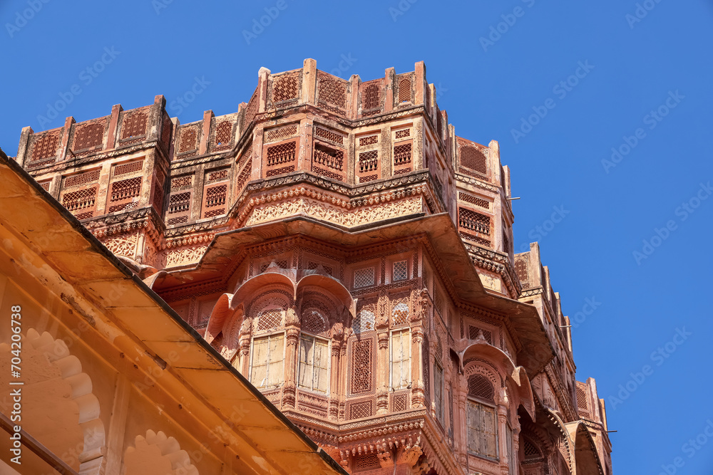 Architecture of historic Mehrangarh fort in Jodhpur, Rajasthan, India