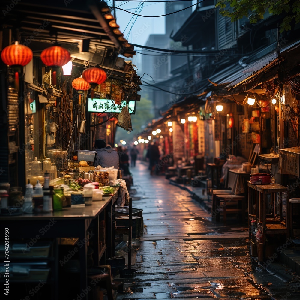 Night view of a wet alley in an ancient Chinese town