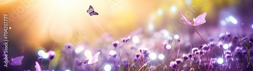 Purple butterfly flies over small wild white flowers in grass in rays of sunlight. Spring summer fresh artistic image of beauty morning nature. Selective soft focus. © kashif 2158