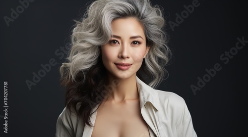 portrait of an attractive asian woman with half white half black hair