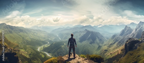 Man standing on a mountaintop overlooking a valley photo