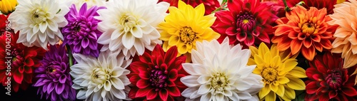 Red  white  yellow dahlia august colorful background. View of multicolor dahlia flowers. Beautiful dahlia flowers on green background. Summer flowers is genus of plants in sunflower family Asteracea