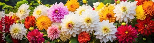 Red  white  yellow dahlia august colorful background. View of multicolor dahlia flowers. Beautiful dahlia flowers on green background. Summer flowers is genus of plants in sunflower family Asteracea