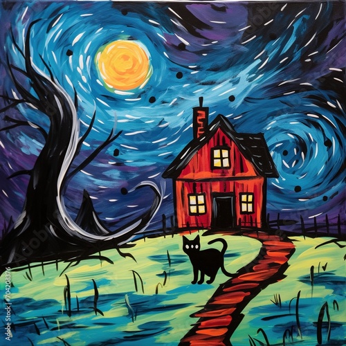 Black cat in front of a red house with a yellow moon and a starry night