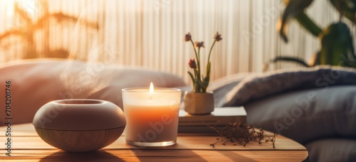 Aromatic candle and incense on bedside table for home relaxation. Home interior and comfort.