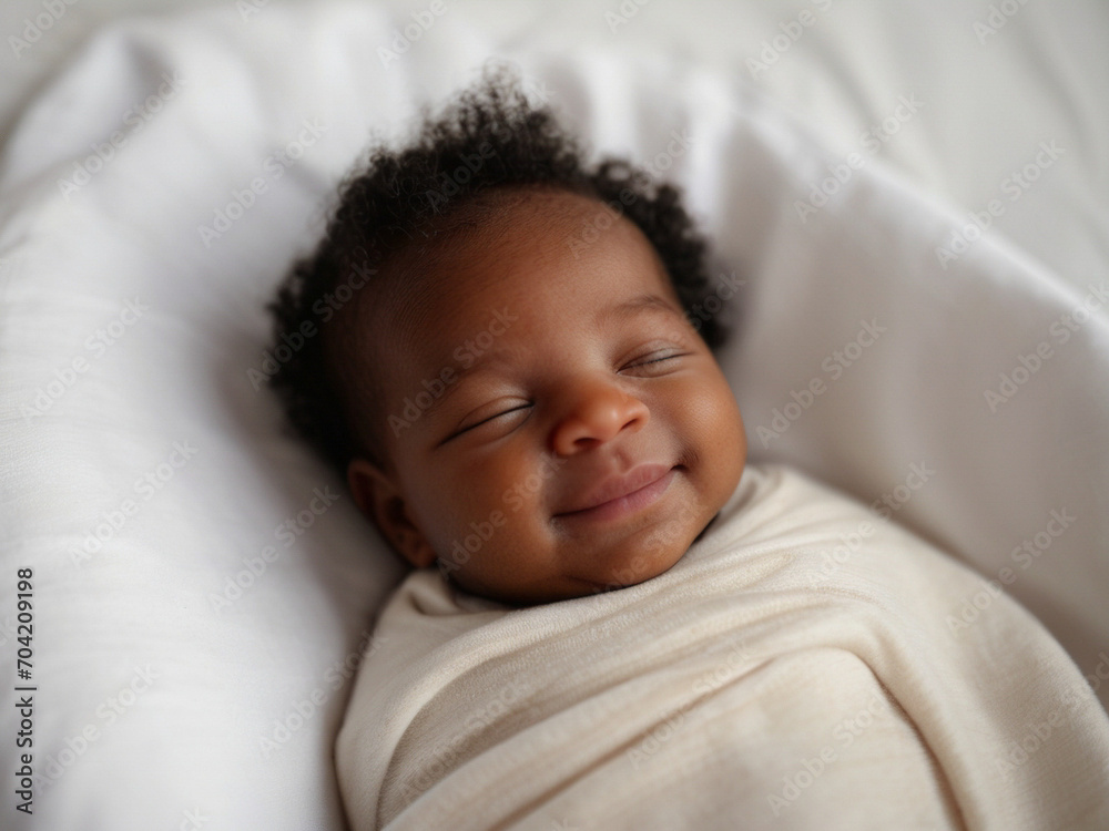 Peaceful Newborn Bliss A Serene black Baby's Smile Captured on a White Bed, Symbolizing Health and Happiness Peaceful Newborn Bliss A Serene black Baby's Smile Captured on a White Bed, Symbolizing Health and Happiness