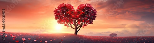 Tree of love in spring. Red heart shaped tree at sunset. Beautiful landscape with flowers.Love background with copy space © kashif 2158
