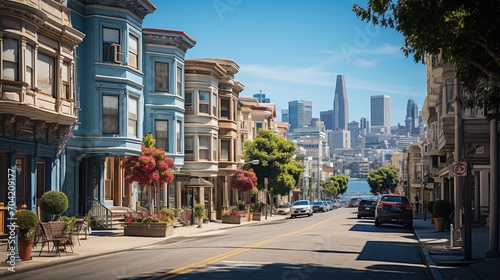 A wide angle view of a street with colorful Victorian style homes and a city skyline in the distance