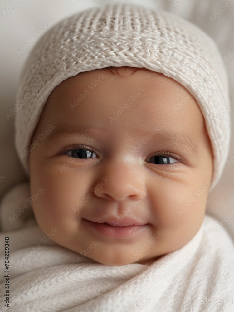 Peaceful Newborn Bliss A Serene Baby's Smile Captured on a White Bed, Symbolizing Health and Happiness Peaceful Newborn Bliss A Serene Baby's Smile Captured on a White Bed, Symbolizing Health and Happiness
