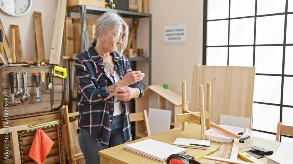 Unhappy middle age woman carpenter, grey-haired, worryingly looking at her notebook amidst woodwork at her business workshop Unhappy middle age woman carpenter, grey-haired, worryingly looking at her notebook amidst woodwork at her business workshop