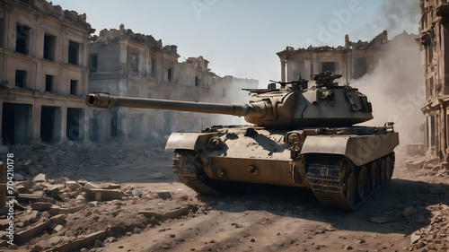 Armored army military tank ruined buildings background