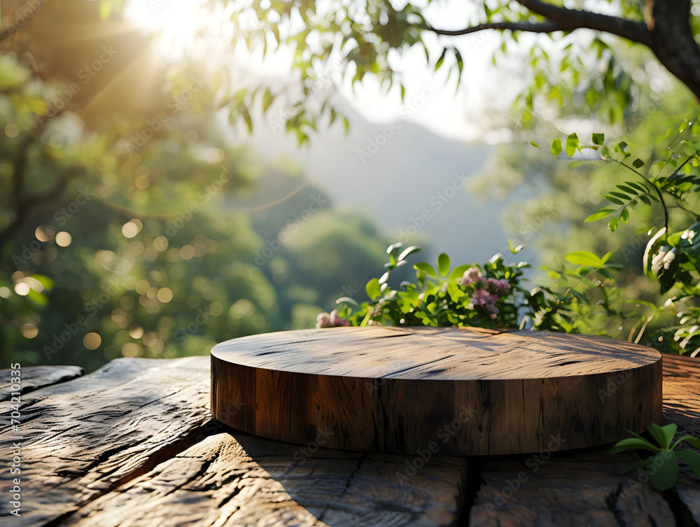 Natural wooden podium with nature view background. natural sunbeam, with plantation around it. product presentation, mockup, brand. 