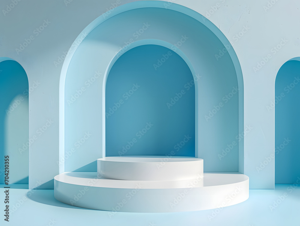 3D Soft Blue podium with blue arch background, copy space, mock up, for presentation display. 3D Soft Blue podium with blue arch background, copy space, mock up, for presentation display.
