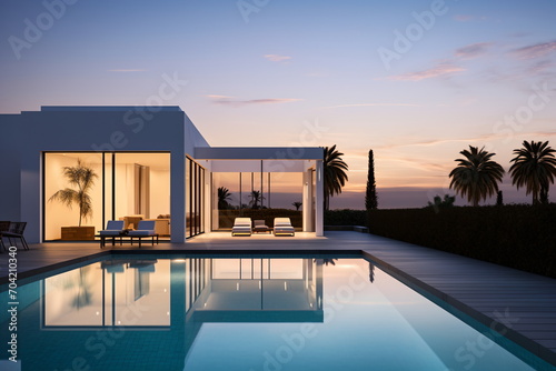 Modern villa with swimming pool and palm trees at sunset © duyina1990
