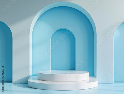 3D Soft Blue podium with blue arch background, copy space, mock up, for presentation display.