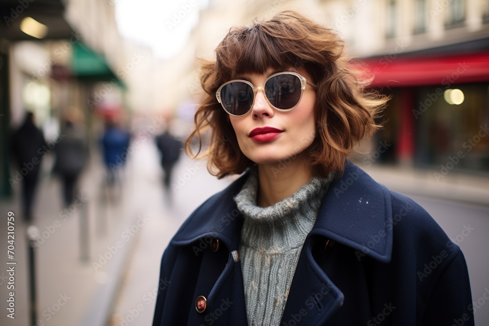 portrait of a young woman with brown hair and red lipstick wearing a blue coat and sunglasses