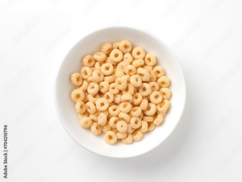 healthy cereal in white bowl for breakfast in the morning on top view isolated on white background healthy cereal in white bowl for breakfast in the morning on top view isolated on white background