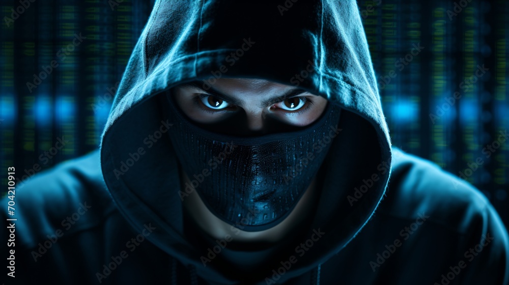 A person wearing a mask with a matrix-like background A person wearing a mask with a matrix-like background