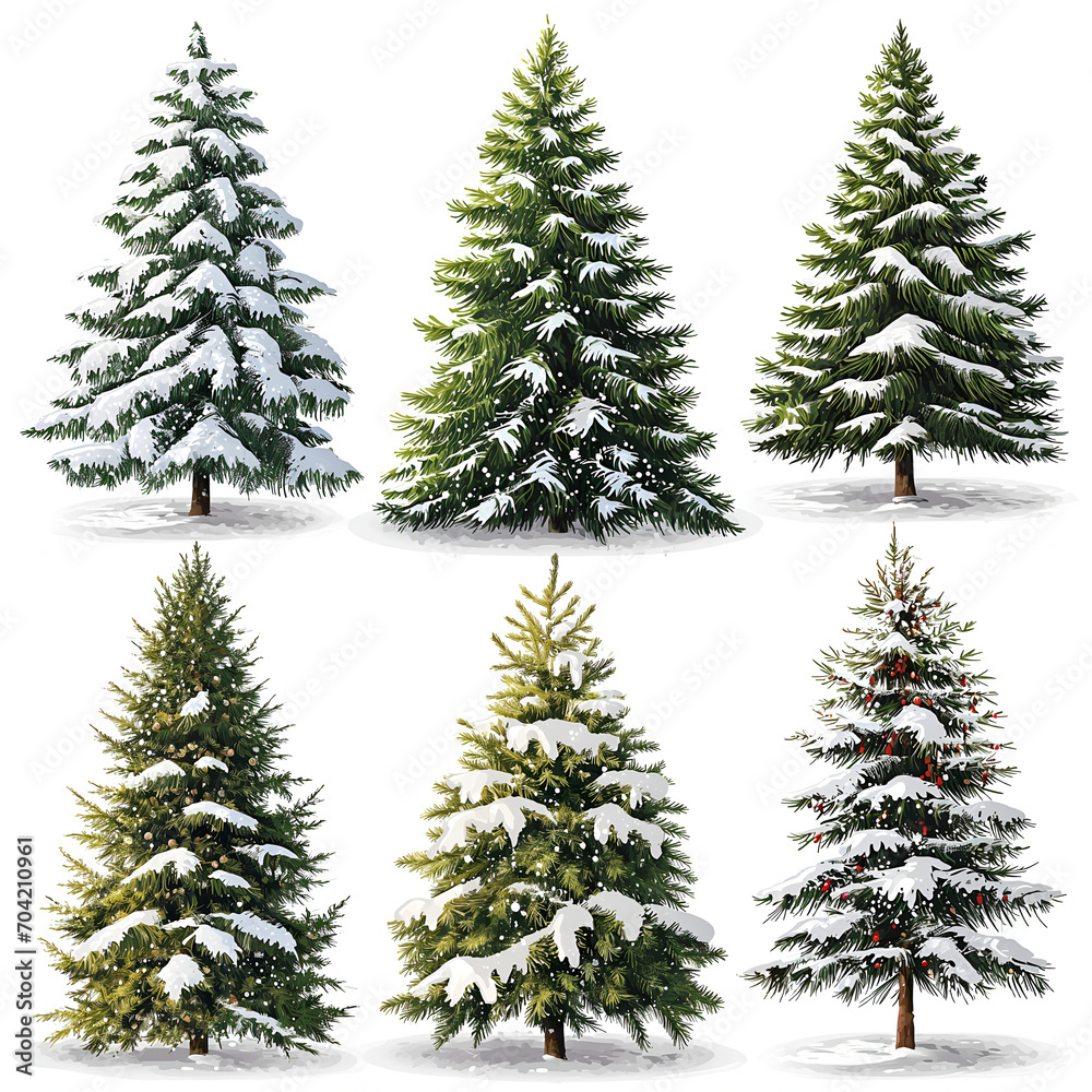 Isolated pine tree on white, Festively decorated Christmas tree with snow