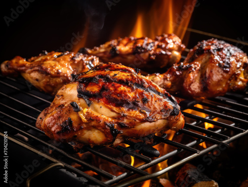grilled chicken on a grill with fire