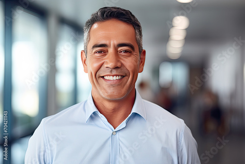 Headshot close up portrait of indian or latin confident mature good looking middle age leader, ceo male businessman on blur office background. Handsome hispanic senior business man smiling at camera photo