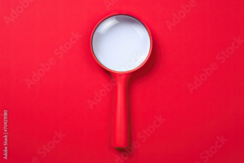 Magnifier magnifying exclamation mark on red background. Alert and precaution concept. Caution and risk management security signal announcement hazard photo