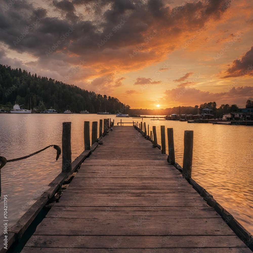 sunset over a pier on a lake