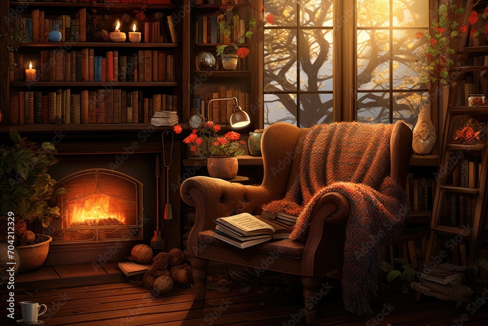Cozy home interior with fireplace, books and armchair, 3d render, vintage cozy living room, farmhouse style living room interior book library with fireplace Cozy home interior with fireplace, books and armchair, 3d render, vintage cozy living room, farmhouse style living room interior book library with fireplace