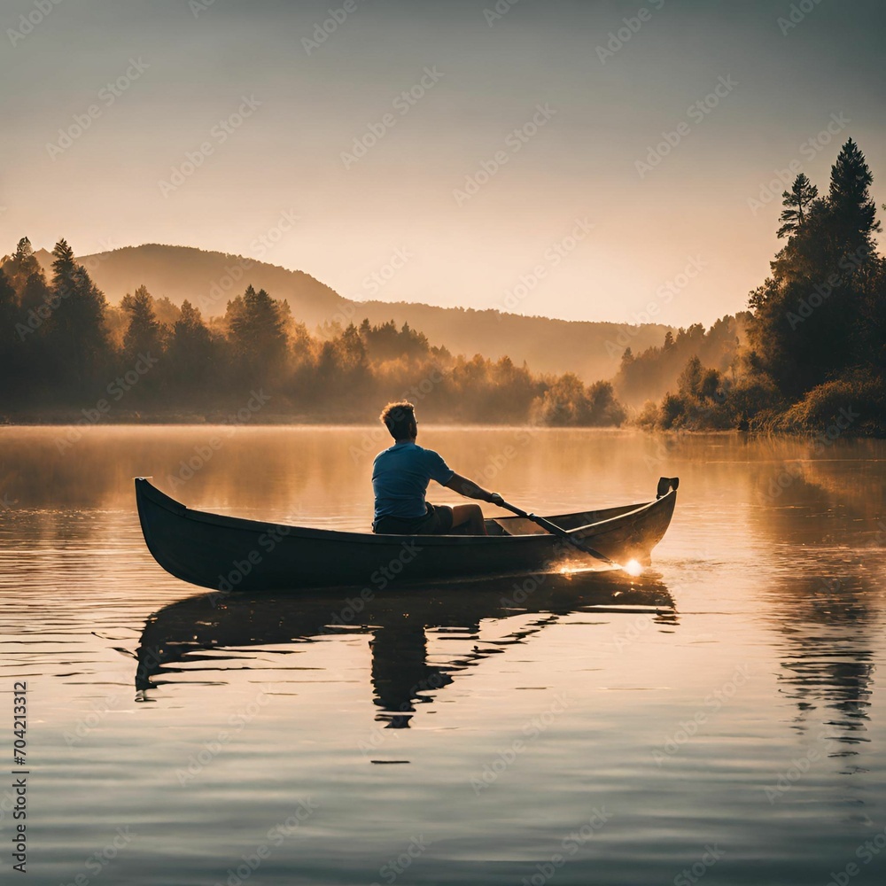 Man rowing his boat on a lake