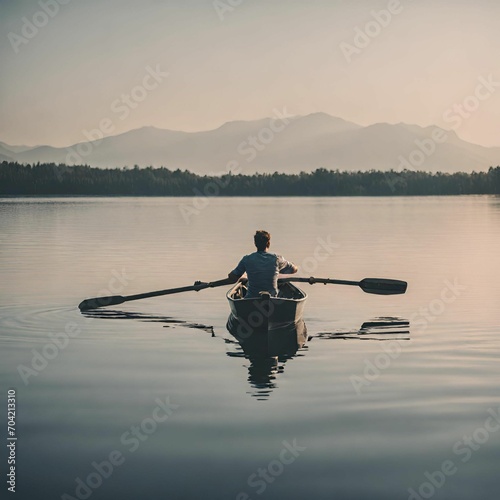 Man rowing his boat on a lake