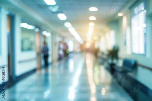 Blur image background of a bustling hospital corridor, clinical setting © Lucija