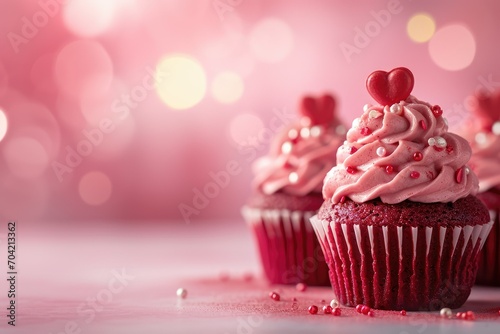 Blurred backdrop of Valentine's Day red velvet cupcakes, sweet celebration, horizontal and copy-space ready