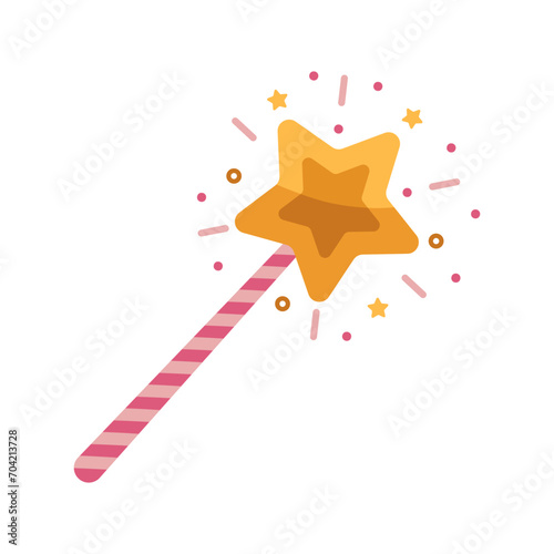 Magic wand vector icon. Pink striped stick with a glowing gold star. A shining tool for a wizard, fairy or girl princess. A colorful toy for tricks and wishes. Flat cartoon clipart isolated on white
