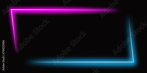 Parallelogram rectangle picture frame with two tone neon color shade motion graphic on isolated black background. Blue and pink light for overlay element. 3D illustration rendering wallpaper backdrop