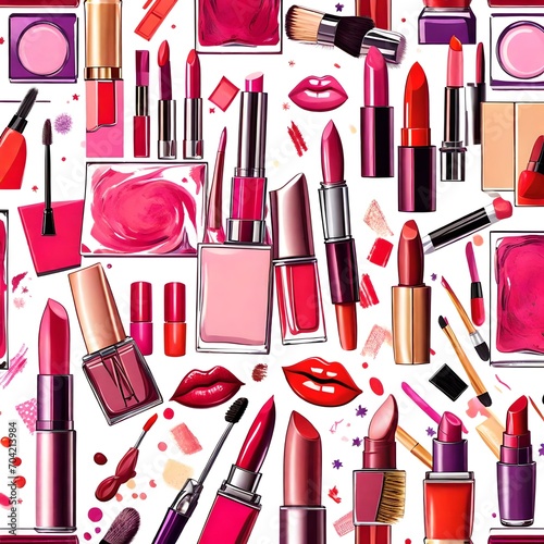 Vector style illustration. drawing of a collage of different lipsticks, makeup brush, nail varnish, compact, blush, eye shadow, eye and perfume repeating pattern