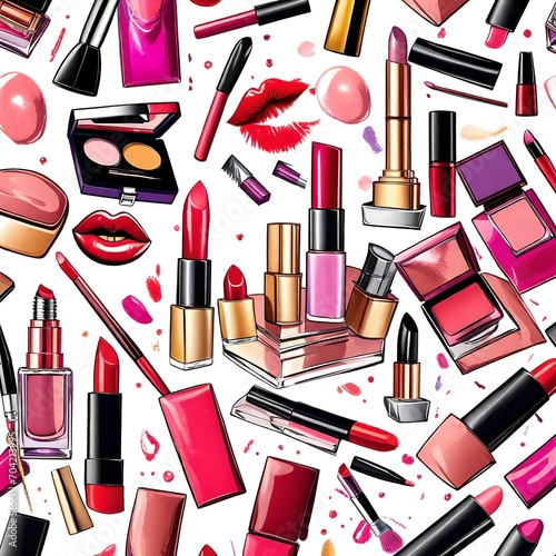 Vector style illustration. drawing of a collage of different lipsticks, makeup brush, nail varnish, compact, blush, eye shadow, eye and perfume repeating pattern