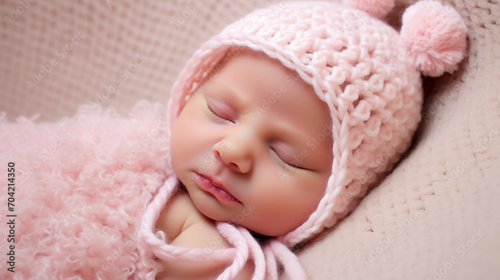 Closeup of newborn baby girl in pink wool outfit. Closeup of newborn baby girl in pink wool outfit.
