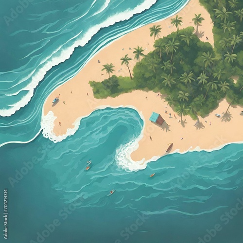 Above view of ocean sea waves beach. Island vacation adventure surfing tropical vibe. Graphic Art