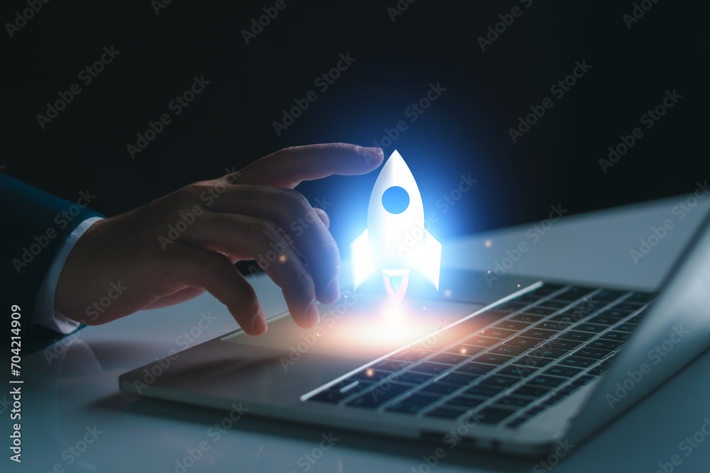 Startup business 2024 concept, Businessman start control rocket 2024 is