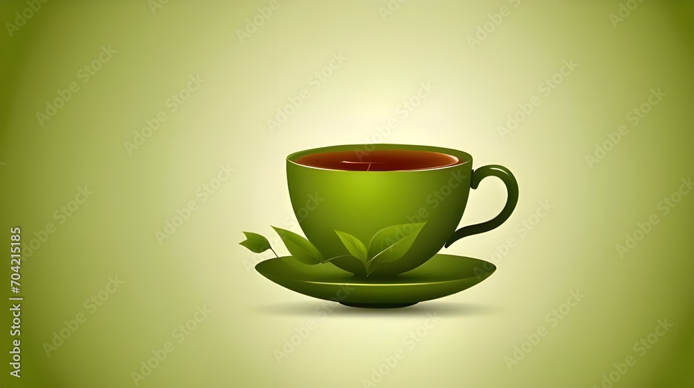Obraz premium International Tea Day May 21 concept background. Vector illustration cup of tea and tea leaves isolated on green concept for International Tea Day for banner, logo, poster. Green tea shot. Tea logo