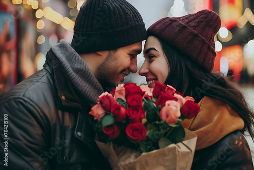 Una pareja de enamorados con una ramo de flores por el día de san Valentín  photo