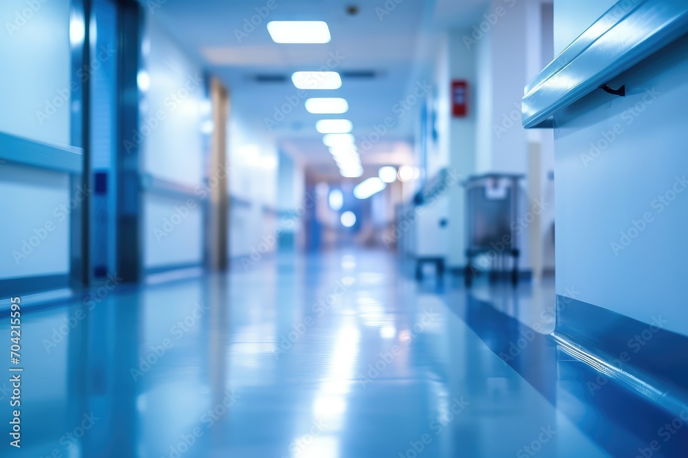 Blurred background of a hospital corridor during night shift, clinical ambiance
