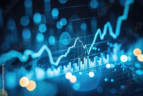 Blue bokeh grid background with a rising forex chart, depicting trade and financial success, horizontal with copy-space