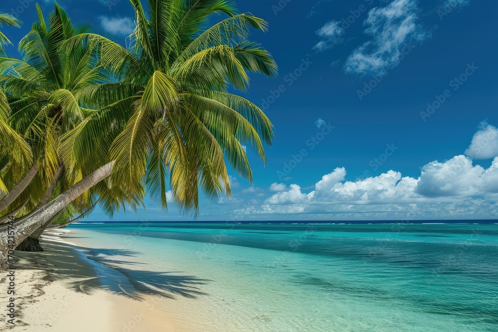 Coco palms lining a pristine beach with turquoise blue water and a deep blue sky