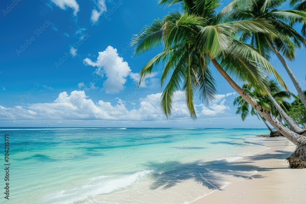 Coco palms swaying gently on a paradise beach with turquoise water and azure blue sky